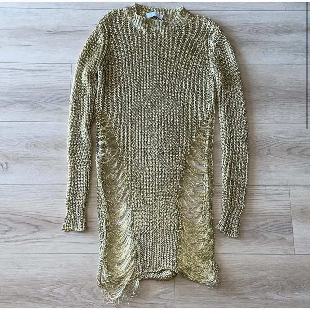 Sandro Distressed Gold Long Sleeve Shirt Dress